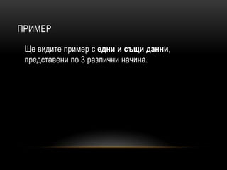 ПРИМЕР
Ще видите пример с едни и същи данни,
представени по 3 различни начина.
 