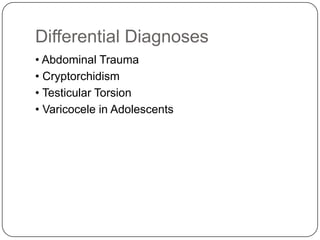 Differential Diagnoses
• Abdominal Trauma
• Cryptorchidism
• Testicular Torsion
• Varicocele in Adolescents
 