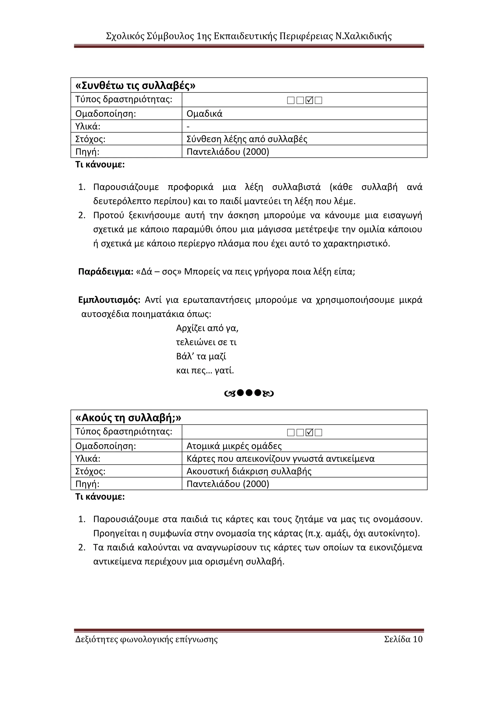 Σχολικός Σύμβουλος 1ης Εκπαιδευτικής Περιφέρειας Ν.Χαλκιδικής
Δεξιότητες φωνολογικής επίγνωσης Σελίδα 10
«Συνθέτω τις συλλαβές»
Τύπος δραστηριότητας: 
Ομαδοποίηση: Ομαδικά
Υλικά: -
Στόχος: Σύνθεση λέξης από συλλαβές
Πηγή: Παντελιάδου (2000)
Τι κάνουμε:
1. Παρουσιάζουμε προφορικά μια λέξη συλλαβιστά (κάθε συλλαβή ανά
δευτερόλεπτο περίπου) και το παιδί μαντεύει τη λέξη που λέμε.
2. Προτού ξεκινήσουμε αυτή την άσκηση μπορούμε να κάνουμε μια εισαγωγή
σχετικά με κάποιο παραμύθι όπου μια μάγισσα μετέτρεψε την ομιλία κάποιου
ή σχετικά με κάποιο περίεργο πλάσμα που έχει αυτό το χαρακτηριστικό.
Παράδειγμα: «Δά – σος» Μπορείς να πεις γρήγορα ποια λέξη είπα;
Εμπλουτισμός: Αντί για ερωταπαντήσεις μπορούμε να χρησιμοποιήσουμε μικρά
αυτοσχέδια ποιηματάκια όπως:
Αρχίζει από γα,
τελειώνει σε τι
Βάλ’ τα μαζί
και πες… γατί.

«Ακούς τη συλλαβή;»
Τύπος δραστηριότητας: 
Ομαδοποίηση: Ατομικά μικρές ομάδες
Υλικά: Κάρτες που απεικονίζουν γνωστά αντικείμενα
Στόχος: Ακουστική διάκριση συλλαβής
Πηγή: Παντελιάδου (2000)
Τι κάνουμε:
1. Παρουσιάζουμε στα παιδιά τις κάρτες και τους ζητάμε να μας τις ονομάσουν.
Προηγείται η συμφωνία στην ονομασία της κάρτας (π.χ. αμάξι, όχι αυτοκίνητο).
2. Τα παιδιά καλούνται να αναγνωρίσουν τις κάρτες των οποίων τα εικονιζόμενα
αντικείμενα περιέχουν μια ορισμένη συλλαβή.
 