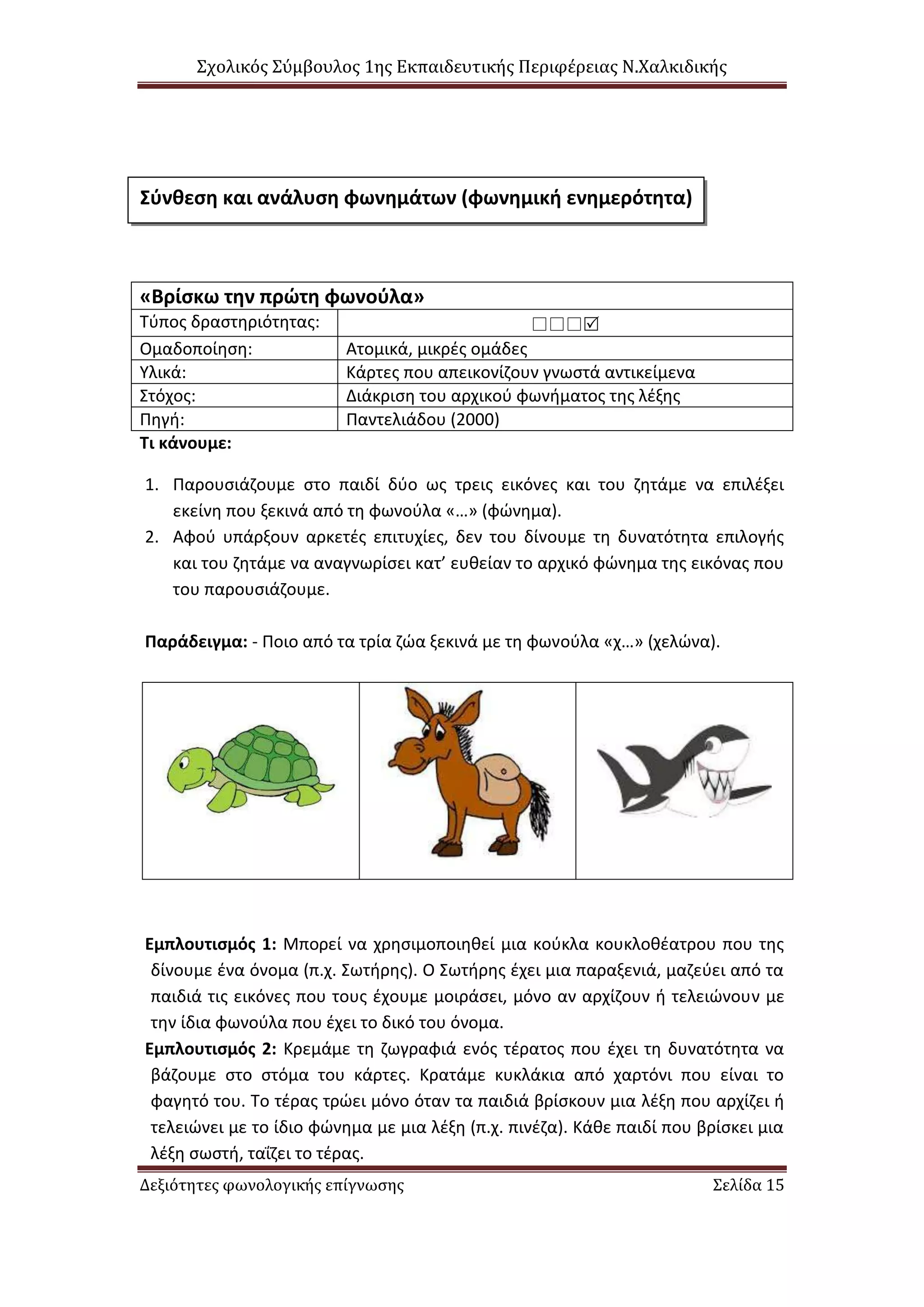 Σχολικός Σύμβουλος 1ης Εκπαιδευτικής Περιφέρειας Ν.Χαλκιδικής
Δεξιότητες φωνολογικής επίγνωσης Σελίδα 15
«Βρίσκω την πρώτη φωνούλα»
Τύπος δραστηριότητας: 
Ομαδοποίηση: Ατομικά, μικρές ομάδες
Υλικά: Κάρτες που απεικονίζουν γνωστά αντικείμενα
Στόχος: Διάκριση του αρχικού φωνήματος της λέξης
Πηγή: Παντελιάδου (2000)
Τι κάνουμε:
1. Παρουσιάζουμε στο παιδί δύο ως τρεις εικόνες και του ζητάμε να επιλέξει
εκείνη που ξεκινά από τη φωνούλα «…» (φώνημα).
2. Αφού υπάρξουν αρκετές επιτυχίες, δεν του δίνουμε τη δυνατότητα επιλογής
και του ζητάμε να αναγνωρίσει κατ’ ευθείαν το αρχικό φώνημα της εικόνας που
του παρουσιάζουμε.
Παράδειγμα: - Ποιο από τα τρία ζώα ξεκινά με τη φωνούλα «χ…» (χελώνα).
Εμπλουτισμός 1: Μπορεί να χρησιμοποιηθεί μια κούκλα κουκλοθέατρου που της
δίνουμε ένα όνομα (π.χ. Σωτήρης). Ο Σωτήρης έχει μια παραξενιά, μαζεύει από τα
παιδιά τις εικόνες που τους έχουμε μοιράσει, μόνο αν αρχίζουν ή τελειώνουν με
την ίδια φωνούλα που έχει το δικό του όνομα.
Εμπλουτισμός 2: Κρεμάμε τη ζωγραφιά ενός τέρατος που έχει τη δυνατότητα να
βάζουμε στο στόμα του κάρτες. Κρατάμε κυκλάκια από χαρτόνι που είναι το
φαγητό του. Το τέρας τρώει μόνο όταν τα παιδιά βρίσκουν μια λέξη που αρχίζει ή
τελειώνει με το ίδιο φώνημα με μια λέξη (π.χ. πινέζα). Κάθε παιδί που βρίσκει μια
λέξη σωστή, ταΐζει το τέρας.
Σύνθεση και ανάλυση φωνημάτων (φωνημική ενημερότητα)
 