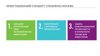 2
ИНВЕСТИЦИОННЫЙ СТАНДАРТ: СПЕЦИФИКА МОСКВЫ
БОЛЬШОЙ
НАКОПЛЕННЫЙ
ОПЫТ
ПО ПРИВЛЕЧЕНИЮ
ИНВЕСТИЦИЙ
КОНКУРЕНЦИЯ
С МИРОВЫМИ
МЕГАПОЛИСАМИ
ЗАДАЧА
ИНФОРМАЦИОННОЙ
ПРОЗРАЧНОСТИ
И ОТКРЫТОСТИ
ГОРОДА ДЛЯ
ИНВЕСТОРОВ
1. 2. 3.
 