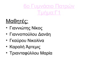 6ο Γυμνάσιο Πατρών
Τμήμα:Γ1
Μαθητές:
• Γιαννιώτης Νίκος
• Γιαννοπούλου Δανάη
• Γκαύρου Νικολίνα
• Καραλή Άρτεμις
• Τριανταφύλλου Μαρία
 