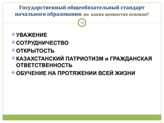 Государственный общеобязательный стандарт
начального образования: на каких ценностях основан?
14
УВАЖЕНИЕ
СОТРУДНИЧЕСТВО
ОТКРЫТОСТЬ
КАЗАХСТАНСКИЙ ПАТРИОТИЗМ и ГРАЖДАНСКАЯ
ОТВЕТСТВЕННОСТЬ
ОБУЧЕНИЕ НА ПРОТЯЖЕНИИ ВСЕЙ ЖИЗНИ
 