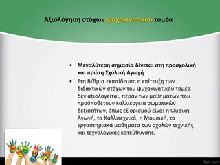 Αξιολόγηση στόχων ψυχοκινητικού τομέα
• Μεγαλύτερη σημασία δίνεται στη προσχολική
και πρώτη Σχολική Αγωγή
• Στη Β/θμια εκπαίδευση η επίτευξη των
διδακτικών στόχων του ψυχοκινητικού τομέα
δεν αξιολογείται, πέραν των μαθημάτων που
προϋποθέτουν καλλιέργεια σωματικών
δεξιοτήτων, όπως εξ ορισμού είναι η Φυσική
Αγωγή, τα Καλλιτεχνικά, η Μουσική, τα
εργαστηριακά μαθήματα των σχολών τεχνικής
και τεχνολογικής κατεύθυνσης.
 