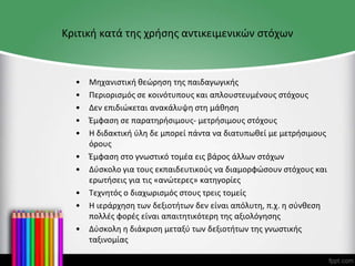 Κριτική κατά της χρήσης αντικειμενικών στόχων
• Μηχανιστική θεώρηση της παιδαγωγικής
• Περιορισμός σε κοινότυπους και απλουστευμένους στόχους
• Δεν επιδιώκεται ανακάλυψη στη μάθηση
• Έμφαση σε παρατηρήσιμους- μετρήσιμους στόχους
• Η διδακτική ύλη δε μπορεί πάντα να διατυπωθεί με μετρήσιμους
όρους
• Έμφαση στο γνωστικό τομέα εις βάρος άλλων στόχων
• Δύσκολο για τους εκπαιδευτικούς να διαμορφώσουν στόχους και
ερωτήσεις για τις «ανώτερες» κατηγορίες
• Τεχνητός ο διαχωρισμός στους τρεις τομείς
• Η ιεράρχηση των δεξιοτήτων δεν είναι απόλυτη, π.χ. η σύνθεση
πολλές φορές είναι απαιτητικότερη της αξιολόγησης
• Δύσκολη η διάκριση μεταξύ των δεξιοτήτων της γνωστικής
ταξινομίας
 