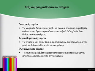 Ταξινόμηση μαθησιακών στόχων
Γνωστικός τομέας
• Τις νοητικές διαδικασίες δηλ. με ποιους τρόπους οι μαθητές
σκέφτονται, δρουν ή αισθάνονται, αφού διδαχθούν ένα
διδακτικό αντικείμενο
Συναισθηματικός τομέας
• Τις στάσεις και αξίες του διαμορφώνουν οι εκπαιδευόμενοι,
μετά τη διδασκαλία ενός αντικειμένου
Ψυχοκινητικός τομέας
• Τις κινητικές δεξιότητες που αποκτούν οι εκπαιδευόμενοι,
από τη διδασκαλία ενός αντικειμένου
 