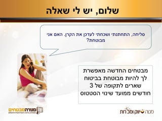 ‫שלום‬,‫שאלה‬ ‫לי‬ ‫יש‬
‫סליחה‬,‫הקרן‬ ‫את‬ ‫לעדכן‬ ‫ושכחתי‬ ‫התחתנתי‬.‫אני‬ ‫האם‬
‫מבוטחת‬?
‫מאפשרת‬ ‫החדשה‬ ‫מבטחים‬
‫בביטוח‬ ‫מבוטחת‬ ‫להיות‬ ‫לך‬
‫של‬ ‫לתקופה‬ ‫שארים‬3
‫הסטטוס‬ ‫שינוי‬ ‫ממועד‬ ‫חודשים‬
 