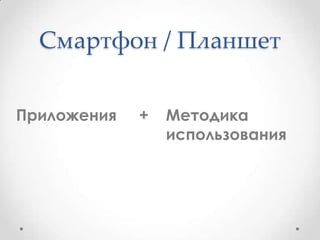 Смартфон / Планшет
Методика
использования
Приложения +
 