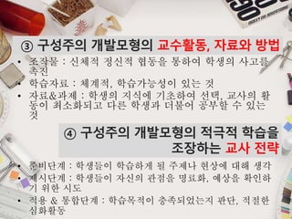 MAKING PPT?
④ 구성주의 개발모형의 적극적 학습을
조장하는 교사 전략
③ 구성주의 개발모형의 교수활동, 자료와 방법
• 조작물 : 신체적 정신적 협동을 통하여 학생의 사고를
촉진
• 학습자료 : 체계적, 학습가능성이 있는 것
• 자료&과제 : 학생의 지식에 기초하여 선택, 교사의 활
동이 최소화되고 다른 학생과 더불어 공부할 수 있는
것
• 준비단계 : 학생들이 학습하게 될 주제나 현상에 대해 생각
• 제시단계 : 학생들이 자신의 관점을 명료화, 예상을 확인하
기 위한 시도
• 적용 & 통합단계 : 학습목적이 충족되었는지 판단, 적절한
심화활동
 