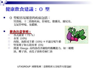 UTXGROUP 國聯集團：嘉聯精密五金配件有限公司23
健康飲食建議： O 型
 O 型較容易罹患的疾病包括：
胃潰瘍、十二指腸疾病、肝硬化、膽囊炎、闌尾炎、
支氣管哮喘、及膿腫。
 飲食注意事項：飲食注意事項：
 各式蔬菜（ 75 ％）
 水果 (10%)
 肉類、海鮮或羊奶 (10%) ＊不適宜喝牛奶
 堅果種子和五穀米麥 (5%)
 挑選 Omega 高的油改善細胞的攜 能力，如：橄欖氧
油、椰子油、南瓜子油和亞麻仁油
 