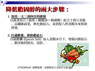 UTXGROUP 國聯集團：嘉聯精密五金配件有限公司28
降低膽固醇的兩大 驟：步降低膽固醇的兩大 驟：步
1.1. 保持一天三到四次的排便保持一天三到四次的排便
以蔬菜原汁 ( 蘋果＋橄欖油＋純磷酸）配合十穀豆米飯
、高纖維蔬菜，軟化膽結石，並搭配八杯蒸餾水來幫助
排便。
2.2. 打通膽囊，排除膽結石打通膽囊，排除膽結石
以硫酸鎂 (Epsom Salt) 加入蒸餾水引下，使腸內膽結石
、膽沙順利排出，清肝。
 