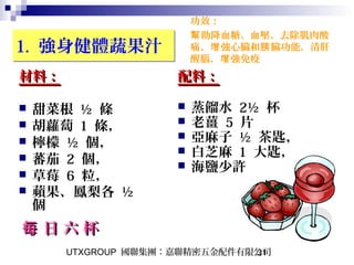 UTXGROUP 國聯集團：嘉聯精密五金配件有限公司31
1. 強身健體蔬果汁1. 強身健體蔬果汁
材料：材料：
 甜菜根 ½ 條
 胡蘿蔔 1 條，
 檸檬 ½ 個，
 蕃茄 2 個，
 草莓 6 粒，
 蘋果、鳳梨各 ½
個
日 六 杯每 日 六 杯每
功效：
助降血糖、血壓、去除肌肉酸幫
痛、 強心臟和 臟功能，清肝增 胰
醒腦， 強免疫增
配料：配料：
 蒸餾水 2½ 杯
 老薑 5 片
 亞麻子 ½ 茶匙，
 白芝麻 1 大匙，
 海鹽少許
 