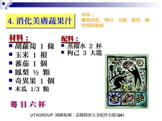 UTXGROUP 國聯集團：嘉聯精密五金配件有限公司34
4. 消化美膚蔬果汁4. 消化美膚蔬果汁
材料：材料：
 胡蘿蔔 1 條
 玉米 1 根
 蕃茄 1 個
 鳳梨 ½ 顆
 奇異果 1 個
 木瓜 1/3 顆
日 六 杯每 日 六 杯每
功效：
助消化、明目、美膚、健胃、補幫
腎預防腸癌
配料：配料：
 蒸餾水 2 杯
 枸己 3 大匙
 