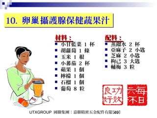UTXGROUP 國聯集團：嘉聯精密五金配件有限公司40
10. 卵 攝護腺保健蔬果汁巢10. 卵 攝護腺保健蔬果汁巢
材料：材料：
 小甘藍菜 1 杯
 胡蘿蔔 1 條
 玉米 1 根
 小蕃茄 2 杯
 蘋果 1 個
 檸檬 1 個
 石榴 1 個
 葡萄 8 粒
配料：配料：
 蒸餾水 2 杯
 亞麻子 2 小匙
 芝麻 2 小匙
 枸己 3 大匙
 輔梅 3 粒
 