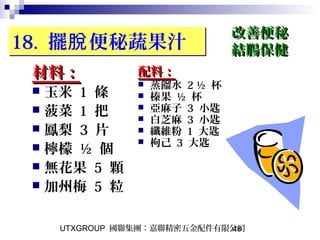 UTXGROUP 國聯集團：嘉聯精密五金配件有限公司48
18. 擺 便秘蔬果汁脫18. 擺 便秘蔬果汁脫
材料：材料：
 玉米 1 條
 菠菜 1 把
 鳳梨 3 片
 檸檬 ½ 個
 無花果 5 顆
 加州梅 5 粒
改善便秘改善便秘
結腸保健結腸保健
配料：配料：
 蒸餾水 2 ½ 杯
 榛果 ½ 杯
 亞麻子 3 小匙
 白芝麻 3 小匙
 纖維粉 1 大匙
 枸己 3 大匙
 