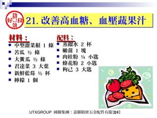 UTXGROUP 國聯集團：嘉聯精密五金配件有限公司51
21. 改善高血糖、血壓蔬果汁21. 改善高血糖、血壓蔬果汁
材料：材料：
 中型甜菜根 1 條
 苦瓜 ½ 條
 大 瓜黃 ½ 條
 君達菜 3 大葉
 新鮮藍莓 ½ 杯
 檸檬 1 個
配料：配料：
 蒸餾水 2 杯
 嫩薑 1 塊
 肉桂粉 ¼ 小匙
 蜂花粉 2 小匙
 枸己 3 大匙
 