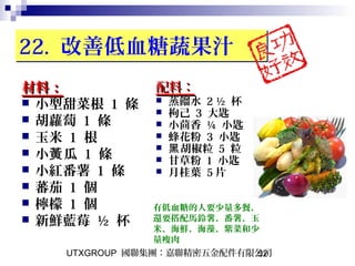 UTXGROUP 國聯集團：嘉聯精密五金配件有限公司52
22. 改善低血糖蔬果汁22. 改善低血糖蔬果汁
材料：材料：
 小型甜菜根 1 條
 胡蘿蔔 1 條
 玉米 1 根
 小 瓜黃 1 條
 小紅番薯 1 條
 蕃茄 1 個
 檸檬 1 個
 新鮮藍莓 ½ 杯
配料：配料：
 蒸餾水 2 ½ 杯
 枸己 3 大匙
 小茴香 ¼ 小匙
 蜂花粉 3 小匙
 胡椒粒黑 5 粒
 甘草粉 1 小匙
 月桂葉 5 片
有低血糖的人要少量多餐，
還要搭配馬鈴薯、番薯、玉
米、海鮮、海藻、紫菜和少
量瘦肉
 