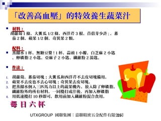 UTXGROUP 國聯集團：嘉聯精密五金配件有限公司55
「改善高血壓」的特效養生蔬菜汁「改善高血壓」的特效養生蔬菜汁
 材料：材料：
胡蘿蔔 1 條、大 瓜黃 1/2 條、西洋芹 3 根、苜蓿芽少許 ; 、蕃
茄 2 個、蘋果 1/2 個、奇異果 2 顆。
配料：配料：
 蒸餾水 1 杯、無糖豆漿 ! 1 杯、蒜頭 1 小瓣、白芝麻 2 小匙
、卵 脂磷 2 小匙、亞麻子 2 小匙、纖維粉 2 湯匙。
 作法：作法：
1. 胡蘿蔔、蕃茄切塊；大 瓜和西洋芹不去皮切塊備用。黃
2. 蘋果不去皮也不去心切塊；奇異果去皮切塊。
3. 把蒸餾水倒入三匹馬力以上的蔬果機 ，放入除了卵 脂、內 磷
纖維粉外的所有材料，一同攪打成汁後，再加入卵 脂磷
4. 用低速攪打 10 秒即可，飲用前加入纖維粉混合食用。
日 六 杯每 日 六 杯每
 