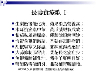 UTXGROUP 國聯集團：嘉聯精密五金配件有限公司64
長壽食療歌 I
 生梨飯後能化痰，蘋果消食營養高；
 木耳抗癌素中葷，黃瓜減肥有成效；
 紫茄祛風通脈絡，蓮藕除煩解酒妙；
 海帶含 消淤結，香菇存霉腫瘤消；碘
 胡椒驅寒又除濕， 辣薑湯治感冒；蔥
 大蒜抑制腸胃炎，菜花長吃癌症少；
 魚蝦豬蹄補乳汁，豬牛羊肝明目好；
 鹽醋防毒能消炎，韭菜補腎暖膝腰。
 