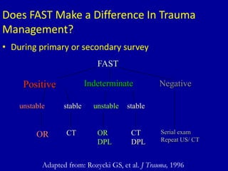 Does FAST Make a Difference In Trauma
Management?
• During primary or secondary survey
FAST
Positive NegativeIndeterminate
unstable stable
OR CT
unstable stable
OR
DPL
CT
DPL
Serial exam
Repeat US/ CT
Adapted from: Rozycki GS, et al. J Trauma, 1996
 