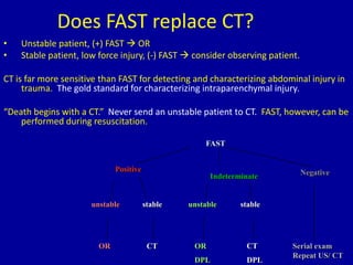 Does FAST replace CT?
• Unstable patient, (+) FAST  OR
• Stable patient, low force injury, (-) FAST  consider observing patient.
CT is far more sensitive than FAST for detecting and characterizing abdominal injury in
trauma. The gold standard for characterizing intraparenchymal injury.
“Death begins with a CT.” Never send an unstable patient to CT. FAST, however, can be
performed during resuscitation.
FAST
Positive NegativeIndeterminate
unstable stable
OR CT
unstable stable
OR
DPL
CT
DPL
Serial exam
Repeat US/ CT
 