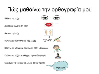 Βλέπω τη λέξη
Διαβάζω δυνατά τη λέξη
Ακούω τη λέξη
Κυκλώνω τη δυσκολία της λέξης
Κλείνω τα μάτια και βλέπω τη λέξη μέσα μου
Γράφω τη λέξη και ελέγχω την ορθογραφία
Θυμάμαι να τονίζω τις λέξεις όπου πρέπει
Πώς μαθαίνω την ορθογραφία μου
σχολείο
σχολείο
 