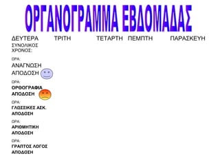 ΔΕΥΤΕΡΑ
ΣΥΝΟΛΙΚΟΣ
ΧΡΟΝΟΣ:
ΤΡΙΤΗ ΤΕΤΑΡΤΗ ΠΕΜΠΤΗ ΠΑΡΑΣΚΕΥΗ
ΩΡΑ:
ΑΝΑΓΝΩΣΗ
ΑΠΟΔΟΣΗ
ΩΡΑ:
ΟΡΘΟΓΡΑΦΙΑ
ΑΠΟΔΟΣΗ
ΩΡΑ:
ΓΛΩΣΣΙΚΕΣ ΑΣΚ.
ΑΠΟΔΟΣΗ
ΩΡΑ:
ΑΡΙΘΜΗΤΙΚΗ
ΑΠΟΔΟΣΗ
ΩΡΑ:
ΓΡΑΠΤΟΣ ΛΟΓΟΣ
ΑΠΟΔΟΣΗ
 