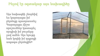 Ինչով էր օգտակար այս նախագիծը
Այս նախագծի շնորհիվ
ես կարողացա իմ
ջերմոցը պատրաստել։
Կարողացա ճիշտ
որոշումներ կատարել
որպիսի իմ բույսերը
լավ աճեն։ Այս նյութը
նաև կօգնի իմ դպրոցի
ապագա ջերմոցին։
 