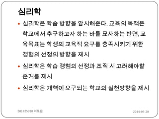 2014-03-20201325028 이로운
심리학
 심리학은 학습 방향을 암시해준다. 교육의 목적은
학교에서 추구하고자 하는 바를 묘사하는 반면, 교
육목표는 학생의 교육적 요구를 충족시키기 위한
경험의 선정의 방향을 제시
 심리학은 학습 경험의 선정과 조직 시 고려해야할
준거를 제시
 심리학은 개혁이 요구되는 학교의 실천방향을 제시
 