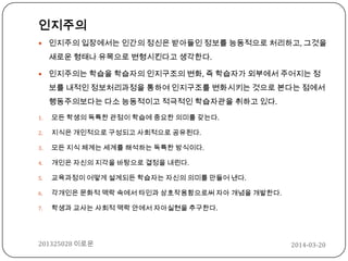 2014-03-20201325028 이로운
인지주의
 인지주의 입장에서는 인간의 정신은 받아들인 정보를 능동적으로 처리하고, 그것을
새로운 형태나 유목으로 변형시킨다고 생각한다.
 인지주의는 학습을 학습자의 인지구조의 변화, 즉 학습자가 외부에서 주어지는 정
보를 내적인 정보처리과정을 통하여 인지구조를 변화시키는 것으로 본다는 점에서
행동주의보다는 다소 능동적이고 적극적인 학습자관을 취하고 있다.
1. 모든 학생의 독특한 관점이 학습에 중요한 의미를 갖는다.
2. 지식은 개인적으로 구성되고 사회적으로 공유된다.
3. 모든 지식 체계는 세계를 해석하는 독특한 방식이다.
4. 개인은 자신의 지각을 바탕으로 결정을 내린다.
5. 교육과정이 어떻게 설계되든 학습자는 자신의 의미를 만들어 낸다.
6. 각개인은 문화적 맥락 속에서 타인과 상호작용함으로써 자아 개념을 개발한다.
7. 학생과 교사는 사회적 맥락 안에서 자아실현을 추구한다.
 