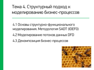 Тема 4. Структурный подход к
моделированию бизнес-процессов
4.1 Основы структурно-функционального
моделирования. Методология SADT (IDEF0)
4.2 Моделирование потоков данных DFD
4.3 Декомпозиция бизнес-процессов
 