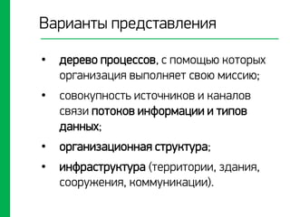 • дерево процессов, с помощью которых
организация выполняет свою миссию;
• совокупность источников и каналов
связи потоков информации и типов
данных;
• организационная структура;
• инфраструктура (территории, здания,
сооружения, коммуникации).
Варианты представления
 