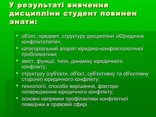 У результаті вивченняУ результаті вивчення
дисципліни студент повинендисципліни студент повинен
знати:знати:
 об'єкт, предмет, структуру дисципліни «Юридичнаоб'єкт, предмет, структуру дисципліни «Юридична
конфліктологія»;конфліктологія»;
 категоріальний апарат юридико-конфліктологічноїкатегоріальний апарат юридико-конфліктологічної
проблематики;проблематики;
 зміст, функції, типи, динаміку юридичногозміст, функції, типи, динаміку юридичного
конфлікту;конфлікту;
 структуру (суб'єкти, об'єкт, суб'єктивну та об'єктивнуструктуру (суб'єкти, об'єкт, суб'єктивну та об'єктивну
сторони) юридичного конфлікту;сторони) юридичного конфлікту;
 технології, способи вирішення, факторитехнології, способи вирішення, фактори
попередження юридичного конфлікту;попередження юридичного конфлікту;
 основні напрямки профілактики конфліктноїосновні напрямки профілактики конфліктної
поведінки в правовій сфері.поведінки в правовій сфері.
 