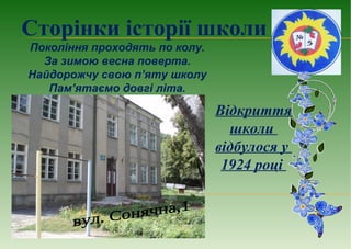 Сторінки історії школи
Покоління проходять по колу.
За зимою весна поверта.
Найдорожчу свою п’яту школу
Пам’ятаємо довгі літа.
Відкриття
школи
відбулося у
1924 році
 