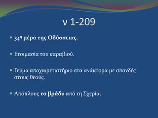 ν 1-209
 34η μέρα τησ Οδύςςειασ.
 Ετοιμαςύα του καραβιού.
 Γεύμα αποχαιρετιςτόριο ςτα ανϊκτορα με ςπονδϋσ
ςτουσ θεούσ.
 Απόπλουσ το βράδυ από τη Σχερύα.
 