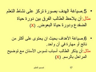 ‫التعليم‬ ‫تصميم‬ 17
•5‫التعلم‬ ‫تنشاط‬ ‫على‬ ‫تركز‬ ‫بصورة‬ ‫الهدف‬ ‫.صياغة‬
:‫مثال‬‫ظحياة‬ ‫ادورة‬ ‫بين‬ ‫الفرق‬ ‫الطالب‬ ‫يلظحظ‬ ‫أن‬
.‫البعوض‬ ‫ظحياة‬ ‫وادورة‬ ‫الضفدع‬)X(
•6‫من‬ ‫أكثر‬ ‫على‬ ‫يحتوى‬ ‫ان‬ ‫بحيث‬ ‫الهداف‬ ‫.صياغة‬
.‫واظحد‬ ‫أن‬ ‫في‬ ‫مهارة‬ ‫أو‬ ‫تناتج‬
:‫مثال‬‫مع‬ ‫السنان‬ ‫تسوس‬ ‫أسباب‬ ‫الطالب‬ ‫يذكر‬ ‫أن‬‫توضيح‬
.‫بالرسم‬ ‫المراظحل‬)X(
 