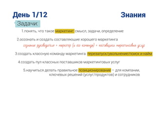 День 1/12 Знания
Задачи:
1.понять, что такое маркетинг: смысл, задачи, определение
2.осознать и создать составляющие хорошего маркетинга
сознание руководителя + маркетер (и его команда) + поставщики маркетинговых услуг
3.создать классную команду маркетинга: перезапуск/увольнение/поиск и найм
4.создать пул классных поставщиков маркетинговых услуг
5.научиться делать правильное позиционирование – для компании,
ключевых решений (услуг/продуктов) и сотрудников
 
