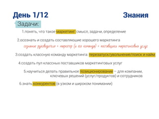 День 1/12 Знания
Задачи:
1.понять, что такое маркетинг: смысл, задачи, определение
2.осознать и создать составляющие хорошего маркетинга
сознание руководителя + маркетер (и его команда) + поставщики маркетинговых услуг
3.создать классную команду маркетинга: перезапуск/увольнение/поиск и найм
4.создать пул классных поставщиков маркетинговых услуг
5.научиться делать правильное позиционирование – для компании,
ключевых решений (услуг/продуктов) и сотрудников
6.знать конкурентов (в узком и широком понимании)
 