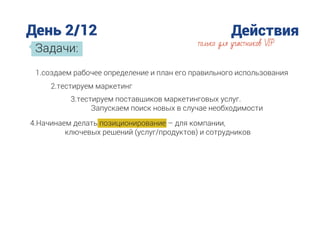 День 2/12 Действия
Задачи:
только для участников VIP
1.создаем рабочее определение и план его правильного использования
2.тестируем маркетинг
3.тестируем поставщиков маркетинговых услуг.
Запускаем поиск новых в случае необходимости
4.Начинаем делать позиционирование – для компании,
ключевых решений (услуг/продуктов) и сотрудников
 