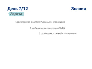 День 7/12 Знания
Задачи:
1.разбираемся с сайтами/целевыми страницами
2.разбираемся с соцсетями (SMM)
3.разбираемся с е-мейл маркетингом
 