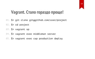 Vagrant. Стало гораздо проще!
$> git clone git@github.com/user/project
$> cd project
$> vagrant up
$> vagrant exec middleman server
$> vagrant exec cap production deploy
01.
02.
03.
04.
05.
14
 
