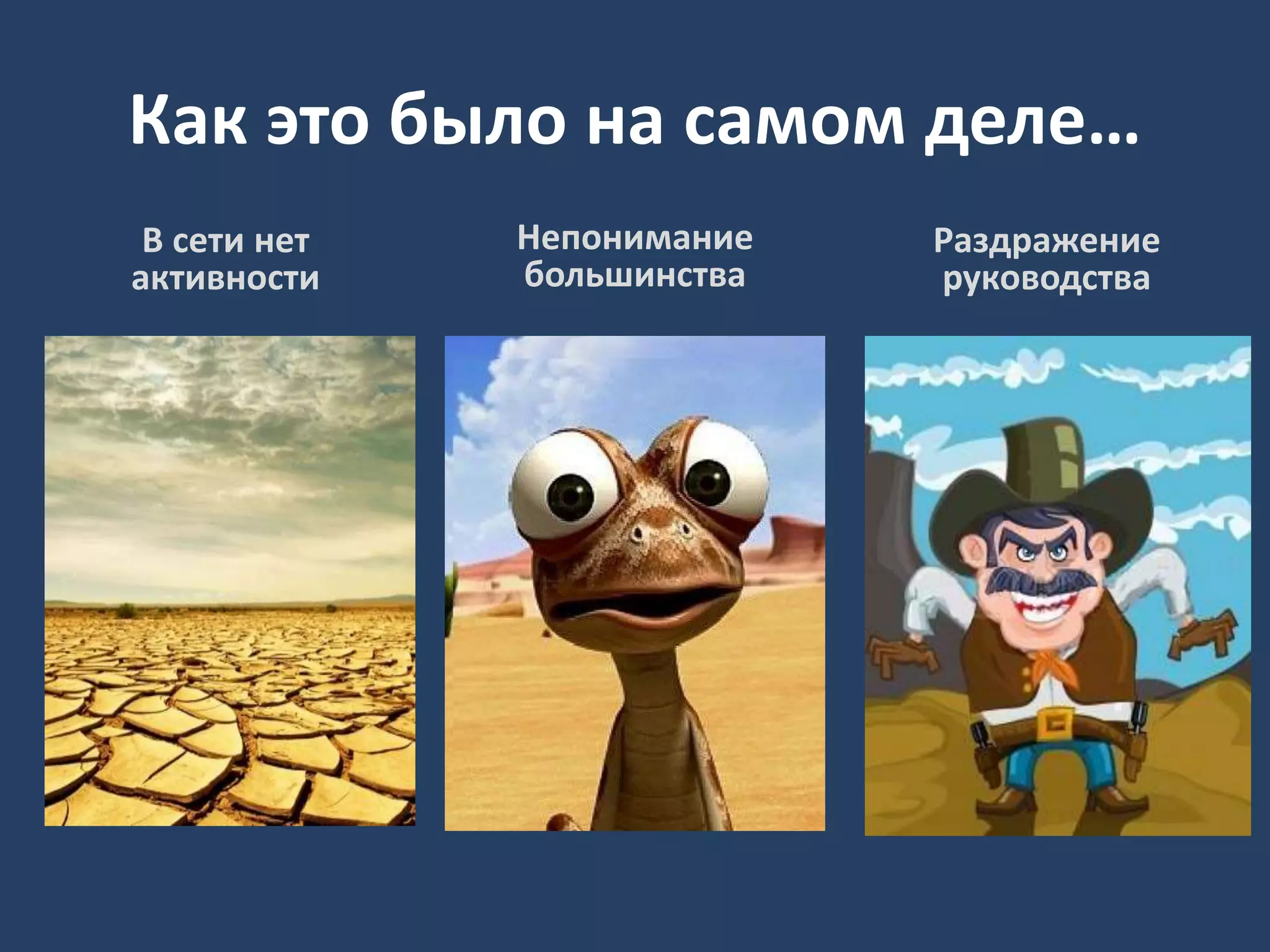 Как это было на самом деле…
В сети нет
активности
Непонимание
большинства
Раздражение
руководства
 