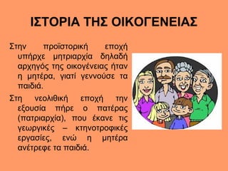 ΙΣΤΟΡΙΑ ΤΗΣ ΟΙΚΟΓΕΝΕΙΑΣ
Στην προϊστορική εποχή
υπήρχε μητριαρχία δηλαδή
αρχηγός της οικογένειας ήταν
η μητέρα, γιατί γεννο...
