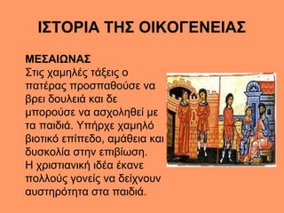 ΙΣΤΟΡΙΑ ΤΗΣ ΟΙΚΟΓΕΝΕΙΑΣ
ΜΕΣΑΙΩΝΑΣ
Στις χαμηλές τάξεις ο
πατέρας προσπαθούσε να
βρει δουλειά και δε
μπορούσε να ασχοληθεί μ...