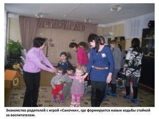 Знакомство родителей с игрой «Саночки», где формируется навык ходьбы стайкой
за воспитателем.
 