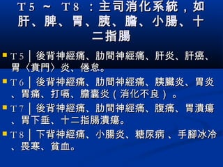 T 5T 5 ～～ T 8T 8 ：主司消化系統，如：主司消化系統，如
肝、脾、胃、胰、膽、小腸、十肝、脾、胃、胰、膽、小腸、十
二指腸二指腸
 T 5 │T 5 │ 後背神經痛、肋間神經痛、後背神經痛、肋間神經痛、肝炎、肝癌、肝炎、肝癌、
胃〈賁門〉炎、倦怠。胃〈賁門〉炎、倦怠。
 T 6 │T 6 │ 後背神經痛、肋間神經痛、後背神經痛、肋間神經痛、胰臟炎、胃炎胰臟炎、胃炎
、胃痛、打嗝、膽囊炎（消化不良）、胃痛、打嗝、膽囊炎（消化不良） 。。
 T 7 │T 7 │ 後背神經痛、肋間神經痛、腹痛、胃潰瘍後背神經痛、肋間神經痛、腹痛、胃潰瘍
、胃下垂、十二指腸潰瘍。、胃下垂、十二指腸潰瘍。
 T 8 │T 8 │ 下背神經痛、下背神經痛、小腸炎、糖尿病小腸炎、糖尿病 、手腳冰冷、手腳冰冷
、畏寒、貧血。、畏寒、貧血。
 