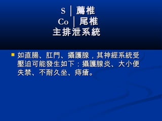 S │S │ 薦椎薦椎
Co │Co │ 尾椎尾椎
主排泄系統主排泄系統
 如直腸、肛門、攝護腺，其神經系統受如直腸、肛門、攝護腺，其神經系統受
壓迫可能發生如下：攝護腺炎、大小便壓迫可能發生如下：攝護腺炎、大小便
失禁、不耐久坐、痔瘡。失禁、不耐久坐、痔瘡。
 