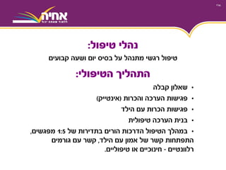 •‫קבלה‬ ‫שאלון‬
•‫פגישות‬‫הערכה‬‫והכרות‬(‫אינטייק‬)
•‫פגישות‬‫הילד‬ ‫עם‬ ‫הכרות‬
•‫בנית‬‫טיפולית‬ ‫הערכה‬
•‫במהלך‬‫של‬ ‫בתדירות‬ ‫הורים‬ ‫הדרכות‬ ‫הטיפול‬1:5‫מפגשים‬,
‫הילד‬ ‫עם‬ ‫אמון‬ ‫של‬ ‫קשר‬ ‫התפתחות‬,‫גורמים‬ ‫עם‬ ‫קשר‬
‫רלוונטיים‬-‫חינוכיים‬‫טיפוליים‬ ‫או‬.
‫הטיפולי‬ ‫התהליך‬:
‫קבועים‬ ‫ושעה‬ ‫יום‬ ‫בסיס‬ ‫על‬ ‫מתנהל‬ ‫רגשי‬ ‫טיפול‬
‫טיפול‬ ‫נהלי‬:
 