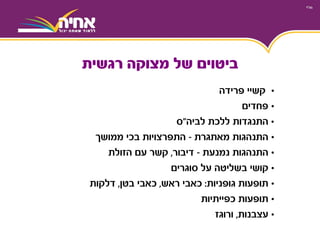 •‫פרידה‬ ‫קשיי‬
•‫פחדים‬
•‫התנגדות‬‫לביה‬ ‫ללכת‬"‫ס‬
•‫מאתגרת‬ ‫התנהגות‬-‫התפרצויות‬‫ממושך‬ ‫בכי‬
•‫נמנעת‬ ‫התנהגות‬-‫דיבור‬,‫הזולת‬ ‫עם‬ ‫קשר‬
•‫קושי‬‫סוגרים‬ ‫על‬ ‫בשליטה‬
•‫תופעות‬‫גופניות‬:‫ראש‬ ‫כאבי‬,‫בטן‬ ‫כאבי‬,‫דלקות‬
•‫כפייתיות‬ ‫תופעות‬
•‫עצבנות‬,‫ורוגז‬
‫רגשית‬ ‫מצוקה‬ ‫של‬ ‫ביטוים‬
 