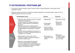 IT OUTSOURCING: ПРОГРАМА ДІЙ
• Зростання сектору
• Збільшення
бюджетних
надходжень
• Збільшення
необхідних кадрів
та стимулювання
росту ІТ галузі
Довго-
строково
Коротко-
строково
РезультатРекомендовані кроки Ресурси
• Покращити імідж України як одного зі світових
технологічних лідерів в ІТ
• Створити прозорі та спрощені умови для
відкриття нових компаній та супроводу їх
діяльності
• Прийняти закони щодо оподаткування ІТ
компаній, базуючись на міжнародному досвіді,
або реформувати оподаткування в Україні в
цілому
• Зупинити практику рейдерських захоплень ІТ
компаній та посилити суспільний контроль за
«наїздами» на ІТ компанії
• Модернізувати систему освіти (число
студентів, програми, стандарти) виходячи з
ринкових потреб в країні
• Збільшити число бюджетних місць для
технічних спеціальностей в передових
технічних університетах України. Впровадити
класи з програмування в шкільній програмі
середніх та початкових класів
• Інформаційні
• Організаційні,
законодавчі
• Політична воля і
прийняття Закону
Верховною Радою
• Фінансування та
координація з Мін.
Освіти
•  ІT аутсорсинг України конкурує з Індією, Китаєм, Росією та Східною Європою, в яких уряд суттєво
підтримує ІТ галузь
•  Подальше стрімке зростання ІТ аутсорсингу можливо прискорити за підтримки уряду і навчанні 100 тис.
нових спеціалістів за наступні 5-7 років
10
 
